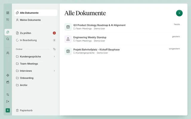 Die Dokumentliste mit Ordnern, Prüfliste und Suche.